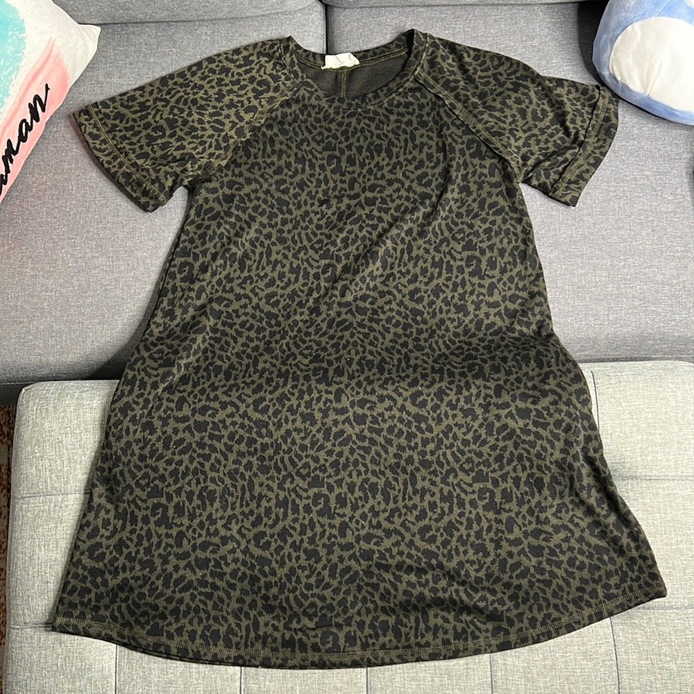 Army Green Tshirt Dress with Black Animal Print | has pockets!
